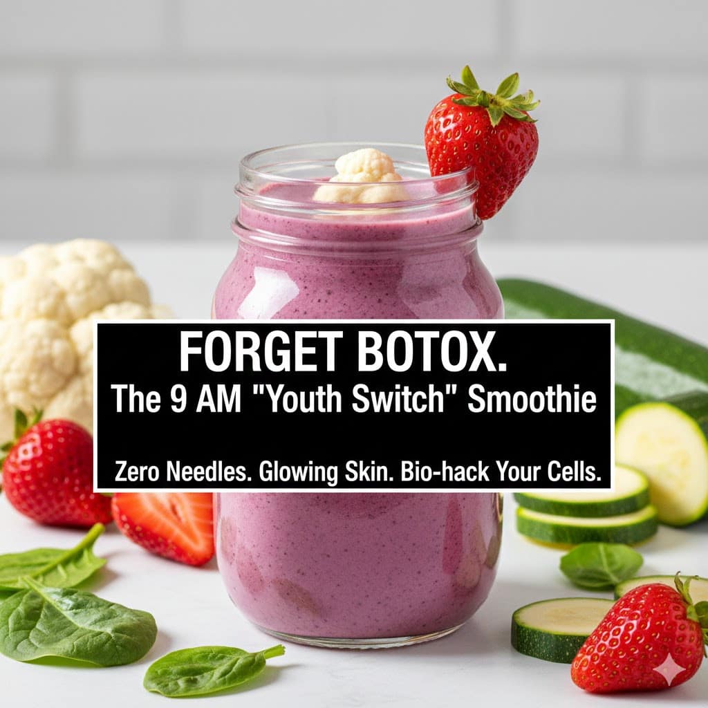 Day 3 Cellular Youth Switch smoothie in a glass jar with strawberries, spinach, and cauliflower. Natural menopause skin glow and antioxidant Nrf2 support by Anna Collins.