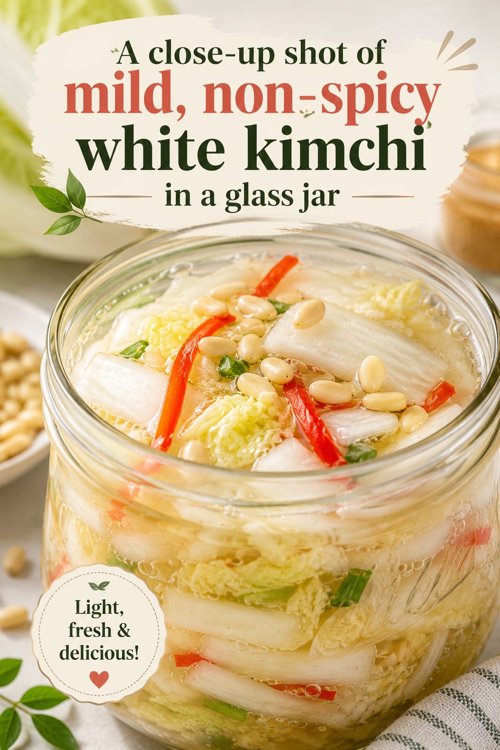 close-up shot of mild, non-spicy white kimchi in a glass jar.