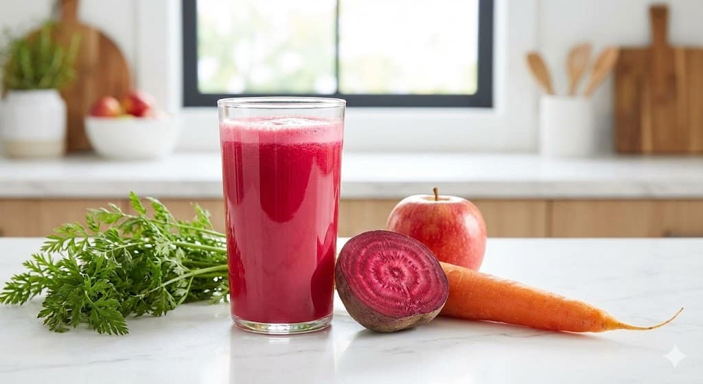 Vibrant beet and ginger smoothie for menopause belly fat loss and liver detox by Anna Collins