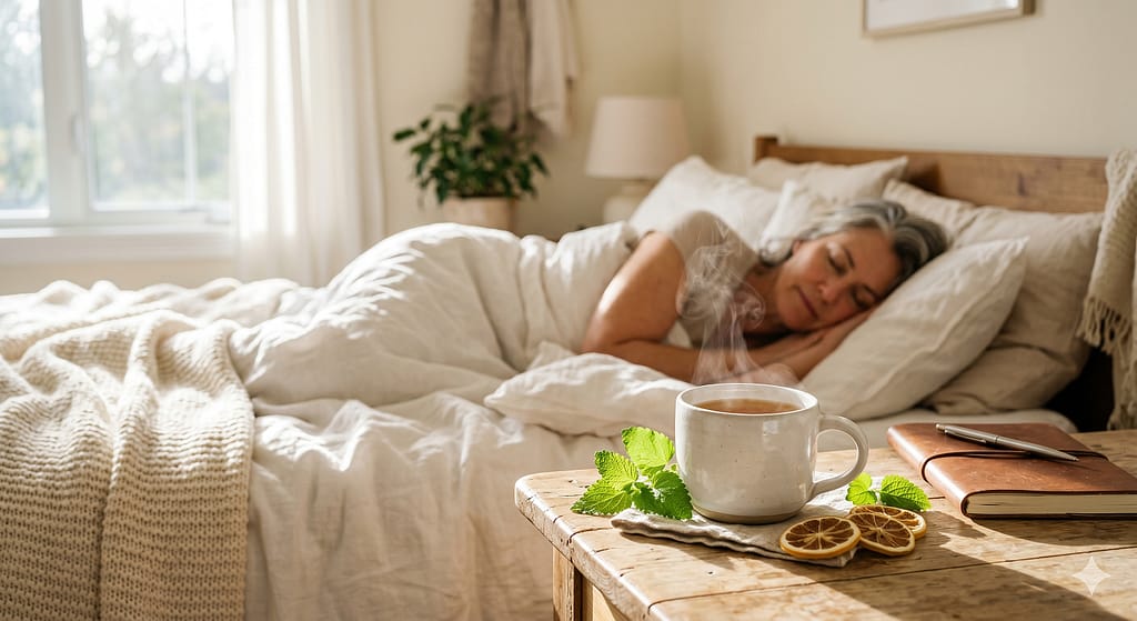 A woman peacefully sleeping after using Lemon Balm for menopause sleep