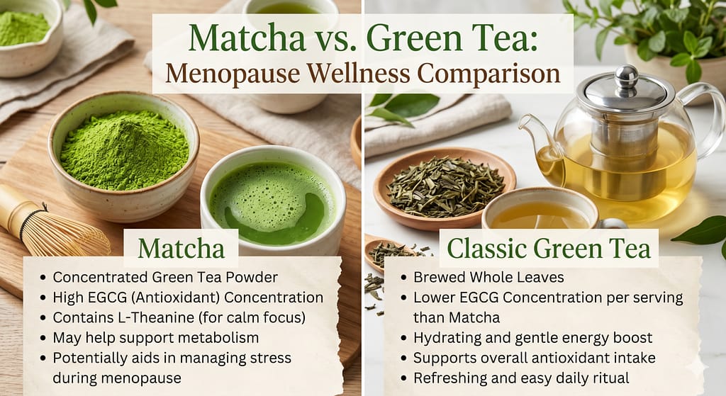 Matcha vs. Green Tea for Menopause: Visual comparison between vibrant matcha powder and classic brewed green tea.