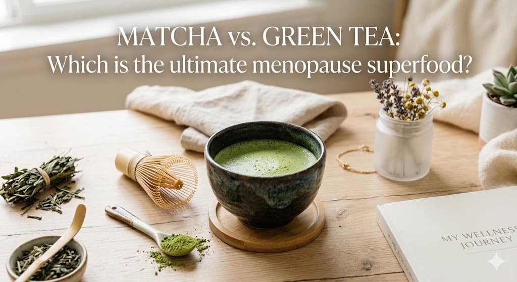 A close-up of a warm cup of green tea next to a bowl of vibrant matcha powder, demonstrating the daily options for matcha vs green tea for menopause.