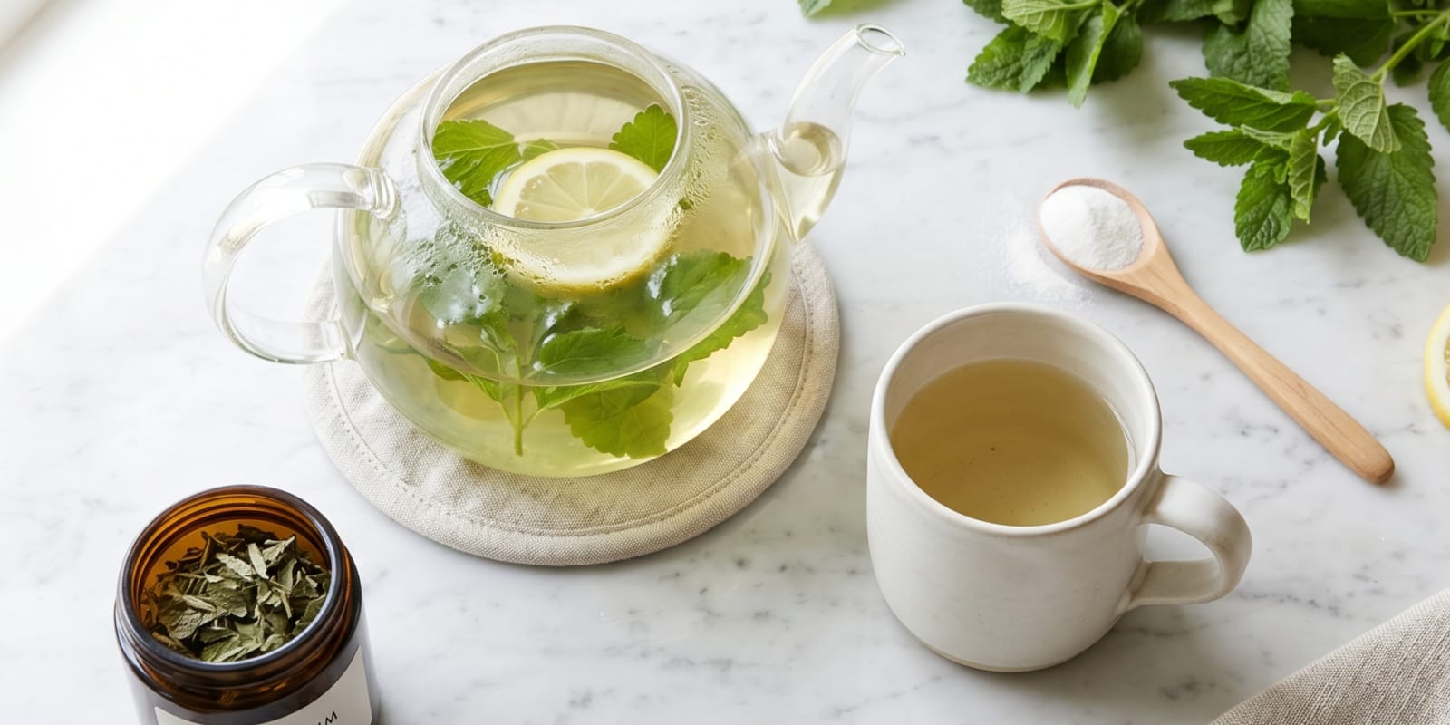 A glass teapot with fresh lemon balm tea and magnesium powder on a marble counter—a natural remedy for menopause sleep and cortisol balance.