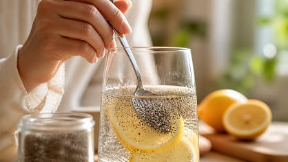A hand stirring chia seeds into lemon water to create a satiety gel for chia seeds menopause belly fat management.