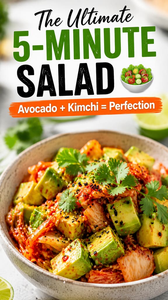 A close-up view of a bowl containing diced green avocado and red chopped kimchi, garnished with fresh cilantro and toasted sesame seeds.