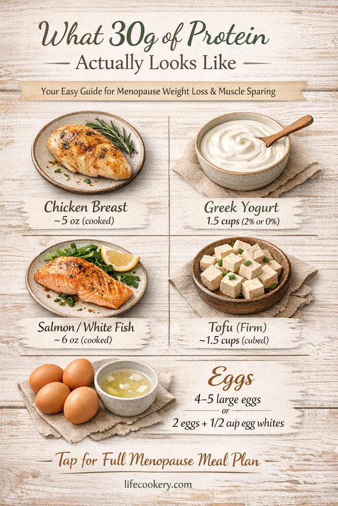 High-protein food portion guide for women over 50 showing 30g protein servings of eggs, tofu, salmon, and Greek yogurt for menopause weight loss.
