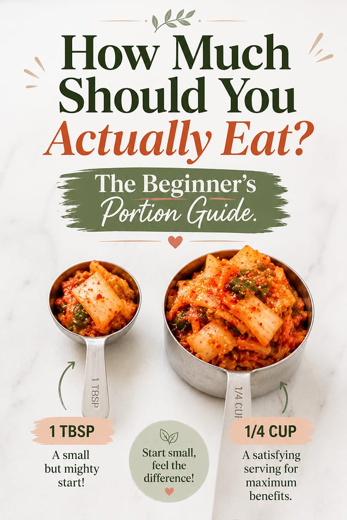visual measuring guide showing spoons and cups of kimchi
