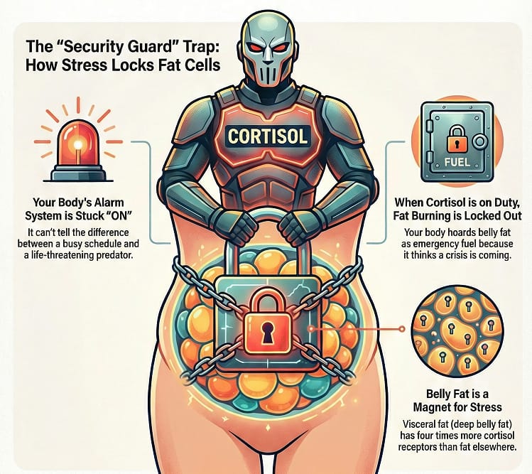 High cortisol levels, stopping Menopause Reset, it is signal your body to store visceral fat deep inside your abdomen. 