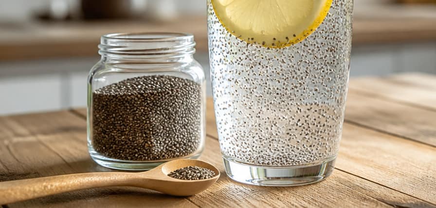 A refreshing glass of lemon water with hydrated chia seeds on a bright, sunny kitchen table, illustrating a natural remedy for chia seeds menopause belly fat.