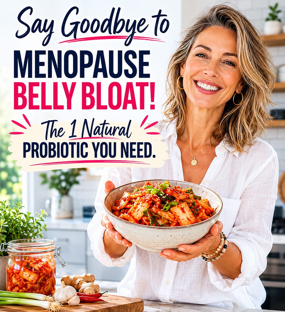 A middle-aged woman holding her stomach next to a bowl of fresh kimchi, highlighting natural remedies for menopause bloat.